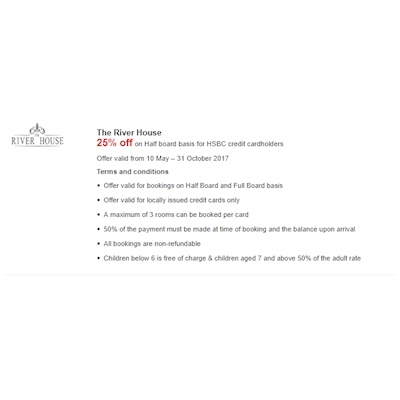 Get 25% Off on Half board basis for HSBC Credit Cardholders at The River House 