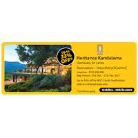 Up to 33% off for BOC Credit Cardholders valid on Full board basis only at Heritance Kandalama