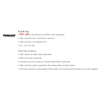 Comfy yourself with 20% Off on all services at Toni and Guy Salon with your HSBC Credit Cards 