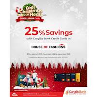 Save 25% with your Cargills Bank Credit Card when you shop at House Of Fashion