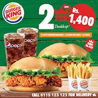 Enjoy having to dig into 2 Spicy Chicken Burgers 2 Small Thick Cut Fries with 2 Complimentary Drinks for just Rs.1400/- at Burger King