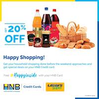  20% off on Beverages and Crimson Bakery products for bills above LKR 2,500 at LAUGFS Super for All HNB Credit Cards 