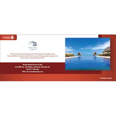 15% Discount on your Credit cards and 10% Discount on your Debit cards from COMMERCIAL BANK at MAALU MAALU RESORTS and SPA 