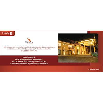 Up to 35% Discount on your COMMERCIAL BANK Credit and Debit cards at RAJARATA HOTELS 