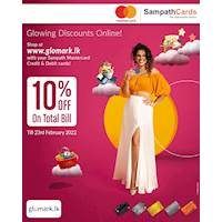 Enjoy 10% discount on total bill at www.glomark.lk with Sampath Mastercard Credit & Mastercard Debit Cardholders