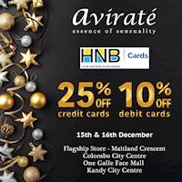 Enjoy 25% off with your HNB Credit Card and 10% off with Debit Card at Avirate