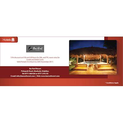Get 15% discount on your COMMERCIAL BANK Credit and Debit cards at BAR REEF RESORT 