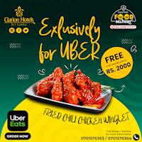 Get a Free Fried Chili Chicken Winglet portion with every order above Rs. 2000 placed via UberEats from Hotel Clarion