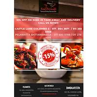 15% Discount on your bill when you dine or takeaway at Red Orchids restaurant