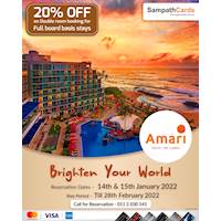 Enjoy 20% OFF on double room bookings on full board basis stays at Amari Galle for all Sampath Mastercard, Visa Credit Cardholders and Sampath Bank American Express Platinum Ultramiles Credit Cardmembers