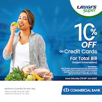 Get 10% off on total bill for Commercial Bank credit card at LAUGFS Super